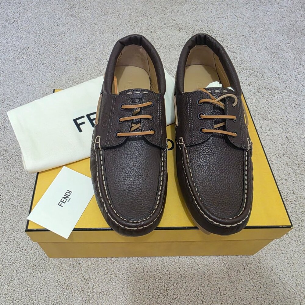 Fendi Deck Brown Leather Logo Boat Shoes Loafers Men’s Size 8 / US 9 NIB